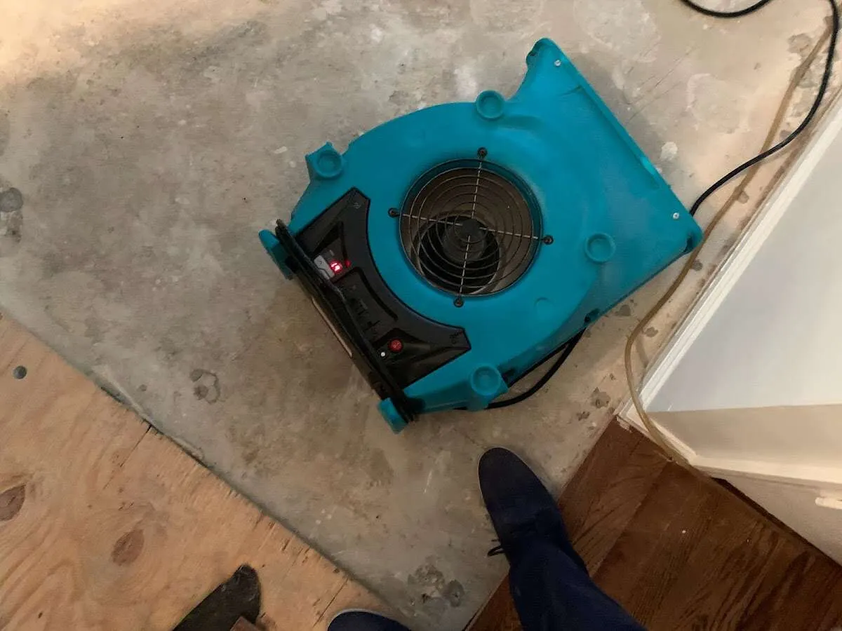 Air mover drying subfloor during Commercial Water Damage Restoration in Miles City